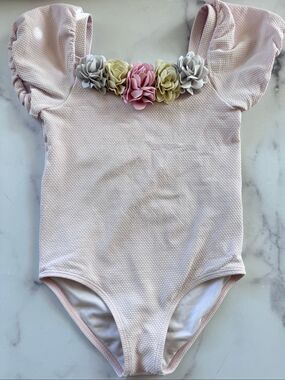 Janie & Jack girls size 6 puff sleeve baby pink floral rosette one piece swimsui
